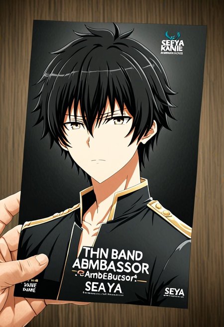 high resolution, solo, best quality, 1Boy, Seiya Kanie, black hair, short hair, thin, brand ambassador, brochure design, OverallDetail