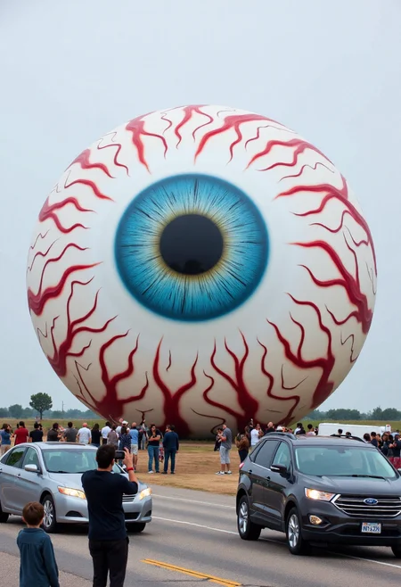 <lora:Roadside_Attraction_Assembler_FLUX_r1-000007:0.85>   
Photo depicting a surreal scene at a "world's largest eyeball" roadside attraction, along with people taking photos of it and cars parked near it.