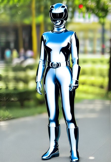 chrome statue of female yellow-power-ranger, alone, morphed, chrome helmet, chrome catsuit, chrome turtleneck collar, chrome gloves belt boots holster, entirely made of chrome, standing square-on, in urban park, arms down by sides, full body photo, hyperdetailed photography