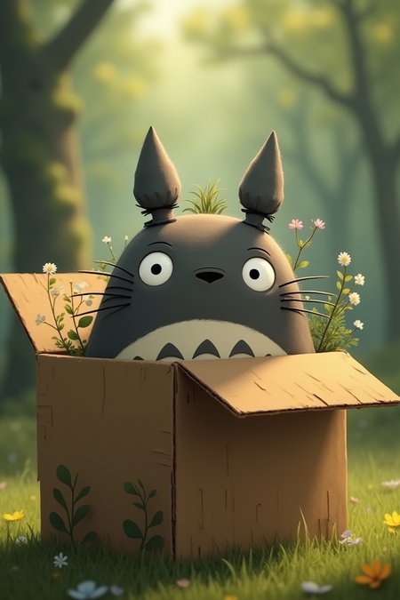 A whimsical scene of Totoro's curious face peeking out from a worn cardboard box. The box's flaps are slightly ajar, revealing the forest spirit's endearing expression. Soft light filters through the cardboard, casting a warm glow on Totoro's gentle features. In the background, a blurred forest landscape is visible, with trees and flowers seemingly bursting forth from the box itself.