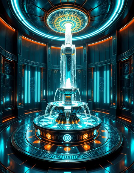 The center of a high-tech, alien temple-laboratory, where dark metallic walls shimmer under the glow of cyan vertical light tubes and faint sacred runes. In the middle of the chamber lies an elaborate biomechanical fountain, rising like an altar from a circular platform of engraved metal. The fountain pulses with iridescent liquid light, flowing in gravity-defying streams that spiral upward before cascading back into a glowing basin etched with ritual patterns. Bioluminescent veins run through the structure, illuminating the surrounding floor like circuitry. Overhead, a radiant, halo-like design casts a celestial glow, enhancing the surreal, sanctified atmosphere. The space exudes a fusion of sacred ceremony and alien technology, as if the fountain were a source of divine power worshipped by another world.
<lora:high-tech_alien_temple_f0unt41n:1>,high-tech alien temple f0unt41n,<lora:SDXLFaeTastic2400:0.4> <lora:extremely_detailed:0.4> extremely detailed, Masterpiece,best quality,hi res,8k,hi res,8k,award winning,(sharp focus, intricate, highly detailed),