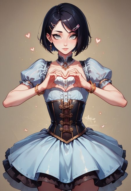 score_9, score_8_up, score_7_up, 1boy, femboy, otoko no ko, short hair, bob cut hair, black hair, grey eyes, gray eyes, feminine face, toned body, Shelly, 
lace corset and skirt, embroidered cutouts, earrings, bracelets, ornate hairclip, 
highly detailed, intricate, zzCitronCAT, contrapposto, heart hands, modelshoot, complex background