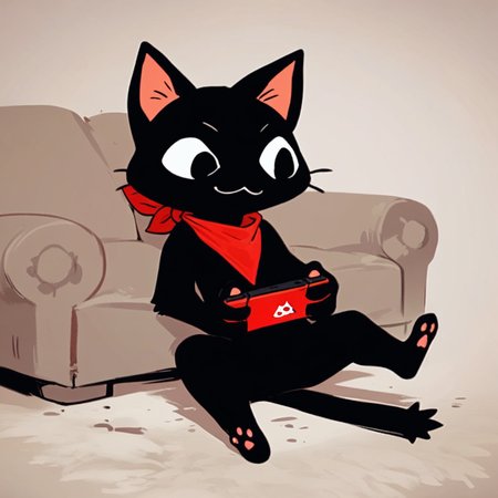 score_9, score_8_up, score_8, score_7, source_cartoon, source_furry, Expressiveh, detailed, Gam3rcAt, Solo, 1boy, semi-anthro, male furry, cat, cat boy, black fur, black eyes, cat tail, whiskers, red bandana, full body, sitting on couch, holding, handheld game console, smile, :3, looking at console, living room background,