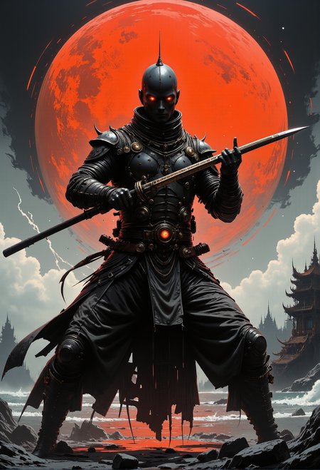 The lance must drown in the flesh Fish and man sink to the depths Where the black soul lives There is no light on the horizon. (karate stance:2). pointing at the viewer.  <lora:artisketchyfs-v02.safetensors:0.75>, <lora:Giger_2_0.safetensors:0.5>,   <lora:m100-style_v.02.safetensors:0.5>,  <lora:Luminous_Shadowscape-000016.safetensors:0.2>,