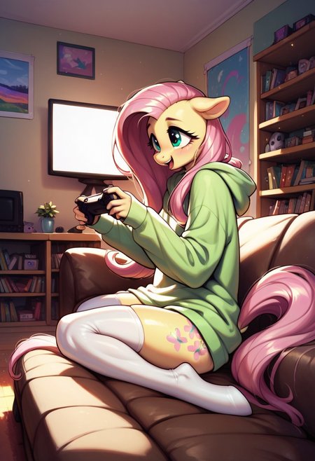 score_9, score_8_up, score_7_up, score_6_up, semi-realistic artwork, detailed background, high quality, vibrant colors, best quality rendering, intricate details, high resolution, sharp focus, best render quality, (background-living room, couch, television, videogame), side view,
1girl, solo, {Fluttershy (anthro pony) long hair, 18 yo, narrow shoulders, skinny, shiny skin,
oversized hoodie, white thigh-high socks,
dynamic pose, sitting couch, holding controller, playing videogames,
shy, happy,