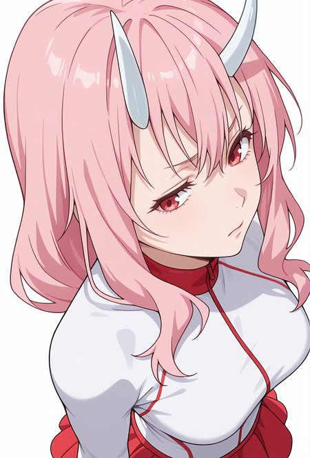 Smooth Quality,masterpiece,very intricate, high quality details, ultra realistic, high detailed skin,detailed enviorement,absurdres,
simple background, white background,solo,
from above,disgust,dancing, 
pullover,,rash guard,  ,tulip skirt,  , <lora:Shuna_CNR:0.8> shuna_cnr, 1girl,pink hair, long hair, red eyes,horns, oni,