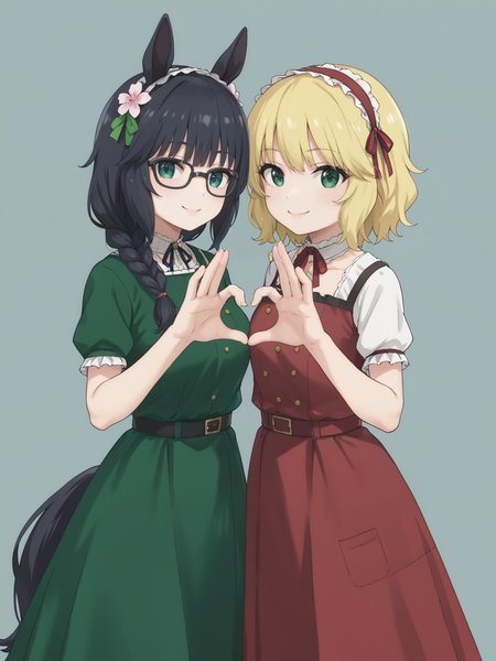 score_9, score_8_up, score_7_up, BREAK 2girls, portrait, from front, looking at viewer, smile,
 ADDCOMM 
1girl, green dress, 
ZennoRobRoy, horse girl, horse ears, horse tail, jitome, tareme, black hair, braid on bangs, hair flaps, sidelocks_on_ribbons, bangs, single braid, horizontal braid bangs, flower hair ornament, black boston glasses, blue eyes, large breasts, covered ears, hair covering ears, 
 ADDCOL 
1girl, red dress, rose dress,
sakurai momoka, blonde hair, green eyes, bangs, short hair,wavy hair,
<lora:sakuraimomoka_pony_v1_1:0.6>  <lora:sdxl-um-zennorobroy:0.8> ,  <lora:neg4all_bdsqlsz_xl_V91:1>, <lora:hand 4:1> Hand, five fingers,