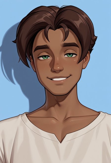 masterpiece, absurdres, high quality, perfect anatomy, 1boy, solo, cute boy, male focus, Presley, Dark Skin, Brown Hair, Green Eyes, collarbone, smug smile, parted lips, intricately detailed illustration, masterpiece, best quality, amazing quality, very aesthetic, absurdres, newest, very awa,  shadow, portrait, simple background,