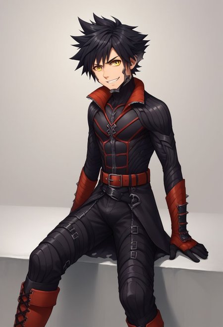 score_9, score_8_up, source_anime, highly detailed, 1boy, solo, male_focus,
vanitas, solo, 1boy, male focus, spiked hair, black hair, yellow eyes, boots, belt, knee boots, gloves, bodysuit, grin, evil,
