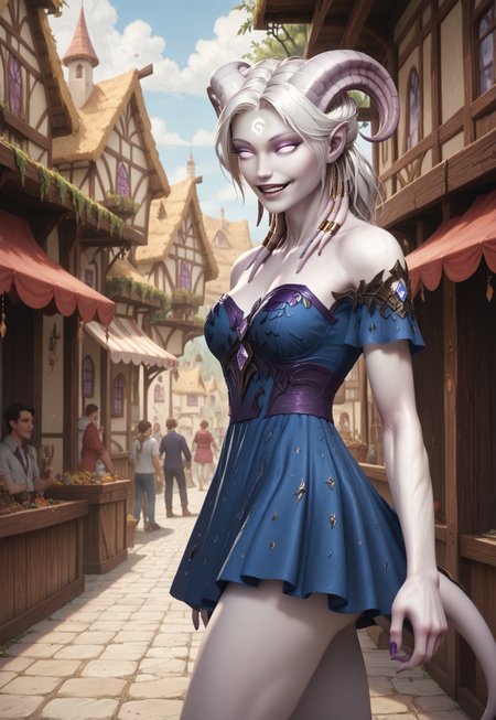 (absurdres, best quality, masterpiece:1.4), score_9, score_8_up, score_7_up, score_6_up, detailed, detailed body, detailed face, fantasy, 

culDraenei, purple eyes, no sclera, no pupils, athletic, tall, slim, pale skin, grey skin, long tail, long ears, 

(LOAwdl34pXL, minidress, strapless), 

smile, 

outdoors, wooden village background, ((multiple crowds, human, varied clothing, modern clothing))