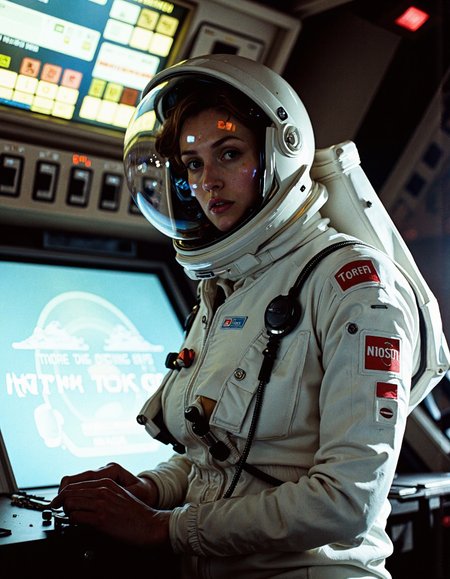 nostromo style woman wearing spacesuitstyled by Tom Ford, space helmet, jumbotron, ceiling decoration, control panels, buttons, switches, lights, science fiction, horror,
extremely detailed, sharp focus, sharp