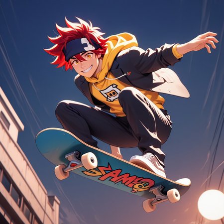 embedding:lazypos, ExpresHGothicNeonIncase, Masterpiece, Best Quality, male focus, score_9, score_8_up, score_7_up, solo,  dynamic angle,( volumetric lighting:1.1), 
BREAK, 
1boy, Reki Kyan, amber eyes, red hair, headband, full body, fit body, athletic, pecs, broad shoulders, black jacket over a yellow hoodie, black pants, riding a skateboard, midair, jump, skateboard
BREAK,
at day, outside, view from below, low angle, smiling, beaming smile