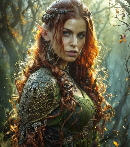 RAW photo, (masterpiece:1.3), subsurface scattering, heavy shadow, (high quality:1.4), (intricate, high detail:1.2), professional photography, HDR, High Dynamic Range, realistic, ultra realistic, photorealistic, high resolution, film photography, ambient lighting, atmospheric effects, <lora:detail_slider_v4:2>, OverallDetail, Britney, <lora:Britney:1>, as a female wildelf ranger, wild hair, dynamic pose, <lora:Wildelf:1>, auwo, DarkFantasy, in a clearing in a magical autumn woods, sunlight, godrays, <lora:AutumnWoods:0.7>epiCPhoto <lora:cleavage:-1>