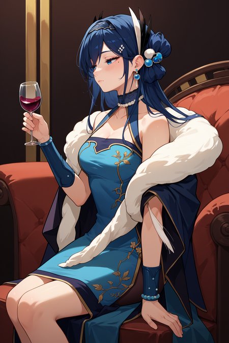 score_9, score_8_up, score_7_up, score_6_up, source_anime, 1girl, solo,   <lora:cantabile-pdxl-nvwls-v1:1> cantabile, dark blue hair, dark blue eyes, mole under eye, long hair, hair ornament, hairband, folded hair, earrings, hairclip, choker, bare shoulders, cleavage, cyan dress, china dress, feather boa, bracer, sitting, hand up, full body, black chair, fancy couch, holding wineglass, looking to the side, from side, half-closed eyes, blush