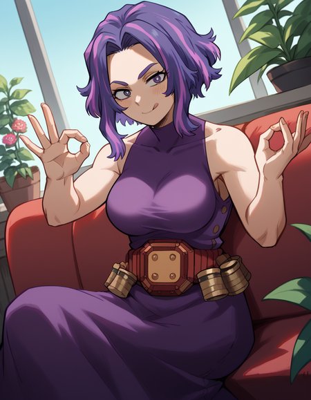 score_9, score_8_up, score_7_up, source_anime, <lora:kaina-tsutsumi-s5-ponyxl-lora-nochekaiser:1>, kaina tsutsumi, purple hair, pink hair, streaked hair, purple eyes, short hair, parted bangs, large breasts,, dress, purple dress, sleeveless, bare shoulders, skirt, purple skirt, belt,, gardening, watering plants, backyard, flowers blooming, sunny day,, smile, <lora:money-gesture-ponyxl-lora-nochekaiser:1>, money gesture, blush, sitting, couch, arm support, smile, tongue out, knee up, from above, looking at viewer, solo,, dutch angle, cowboy shot