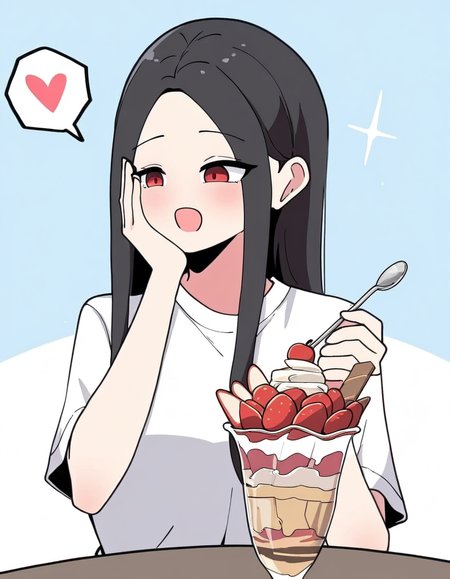 masterpiece, best quality, newest, absurdres, highres, safe,, <lora:yoo-jae-kyung-manhwa-illustriousxl-lora-nochekaiser:1>, yoo jae-kyung, long hair, large breasts, black hair, red eyes, forehead,, <lora:parfait-ponyxl-lora-nochekaiser:1>, parfait, open mouth, heart, food, sparkle, fruit, happy, hand on own face, spoken heart, ice cream, strawberry, spoon, hand on own cheek, cherry, holding spoon,, , cowboy shot, solo