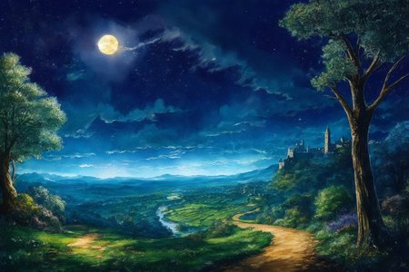 walled city in the distance, forested hills, small moon, clouds, creek, (rough dirt path:1.1), watercolor, night, stars, dark lighting,   <lora:FantasyLandscape:.7>,  <lora:epi_noiseoffset2:.4>, thick woodlands,