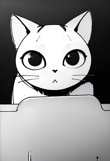 monochrome,
ChiYamada, cat, black eyes, no humans, desk, dark background,
score_9,score_8_up,score_7_up, 
 <lora:Potat_dark_ink_v1_monochrome-cut:1> <lora:ChamChiYamadaPonyXL:1>