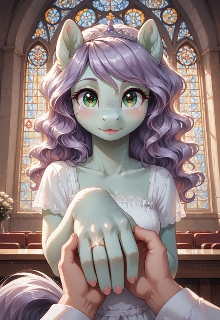 masterpiece, score_9_up, score_8_up, score_7_up, score_6_up, source_pony, (best quality:1.1), ultra-detailed, high resolution, solo, highly detailed macro illustration BREAK 1girl, anthro, pony, (big beautiful green eyes:1.3), long eyelashes, (light purple soft wavy hair), light green fur, (cute expression, cute face:1.3), Tears of joy, (tears), tail, looking at viewer, wedding dress, silver tiara BREAK close-up, low angle, face closeup <lora:wedding-ring-ponyxl-lora-nochekaiser:1> wedding ring, marriage proposal, pov, pov hands, hand grab BREAK indoors, stained glass, church, arch BREAK sharp focus, perfect lighting, anatomically correct, extremely detailed, high detail, detailed background, OverallDetail, zPDXL3, good_hands
