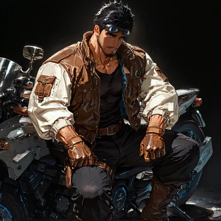 <lora:Minario__Alchemist_Code-000004:.75> tagatameminario, minario_black hair, minario indigo eyes, 1boy, short hair, goggles, solo, male focus, manly, mature male, bara, muscular male, jacket, shirt, belt, pants, gloves, boots, motor vehicle,
short hair, male focus, muscular male, muscular male, bara, mature, (hairy body, hairy, body hair, glossy skin, bara, mature, facial hair, beard, full beard, sideburn, mustache, stubble), facial hair, bara, mature, body hair, aixiwuganda_(20222192), very awa, masterpiece, best quality, absurdres, newest, perfect quality, detailed background, intricate details,, <lora:slider_Body Type_alpha1.0_rank4_noxattn_last:3><lora:Anime Summer Days 2 Style SDXL_LoRA_Pony Diffusion V6 XL:.6><lora:merged:.7>, DARK, DARK BACKGROUND, LOW-KEY LIGHTING <lora:slider_cfg_scale_boost:.7><lora:Artist6p:.55>, Artist6p, Artist04p,<lora:slider_il_contrast_slider_d1:-.25>,<lora:slider_contract_controller_illus01_v1:.3>, <lora:addon_illustriousXLv01_stabilizer_v1.121:.5>,<lora:Heavenly_Beauty_r1:1>, (heavenlybeauty,)<lora:slider_style_strength_controller_illus01_v1:.25>