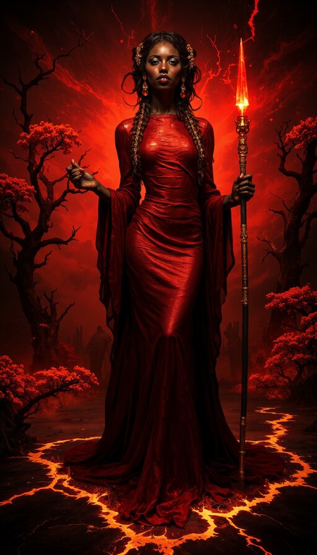 

In a world bathed in shades of crimson, a striking Black woman stands as the focal point of an otherworldly scene. Her skin glows like polished onyx, contrasting vividly against the deep, blood-red backdrop. She wears a flowing gown made of shimmering red fabric that seems to ripple like liquid fire, each movement creating waves of light and shadow. Her hair is styled in intricate braids adorned with golden beads and crimson jewels, catching the light like embers.

Around her, the environment is a surreal dreamscape: the sky is a swirling vortex of red and black, with faint streaks of gold cutting through like lightning. The ground beneath her feet is cracked and glowing, as if molten lava flows just beneath the surface. Strange, twisted trees with crimson leaves stretch toward the sky, their branches clawing at the air like skeletal hands.

Her expression is one of fierce determination, her eyes burning with an intensity that seems to pierce through the very fabric of reality. In her hand, she holds a staff topped with a glowing red crystal, pulsing with energy that matches the rhythm of her heartbeat. The air around her crackles with power, and the faint sound of drums echoes in the distance, growing louder with each passing moment.

She is a figure of both beauty and strength, a ruler of this crimson realm, and her presence commands attention. The scene is alive with symbolism—power, passion, and resilience—as she stands unyielding, a beacon of hope and defiance in a world consumed by fire and shadow.