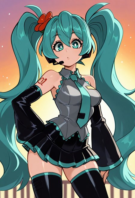 ((masterpiece, best quality)), insaneres, absurdres, solo, looking at viewer, 
MainOutfit_HatsumeMiku_ownwaifu, 
1girl, aqua eyes, aqua hair, hatsune miku, twintails, very long hair, hair ornament, bangs, hair between eyes, headphones, headset, shoulder tattoo, medium breasts, shiny hair, number tattoo, eyelashes, bright pupils,
detached sleeves, sleeveless shirt, bare shoulders, black sleeves, aqua necktie, collared shirt, black skirt, pleated skirt, grey shirt, miniskirt, black thighhighs, zettai ryouiki, long sleeves, wide sleeves, sleeves past wrists, frills, wing collar, 
(contrapposto, hand on hip), sunset, sidelighting, <lora:ANIME_HatsumeMiku_ownwaifu:1>,
 depth of field, light particles,