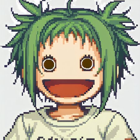 score_9, score_8_up, score_7_up, BREAK source_anime, solo, <lora:NSPikariFace:1.1> NSPikariFace, open mouth, smile, big head, empty eyes, short hair, twintails, green hair, <lora:zs_FEGBAPortraitsXL:1> fegbaportraits, portrait, white background, t-shirt