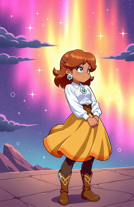 1girl, solo, <lora:Daikin:1> dkn, 
Princess Daisy, brown hair, medium hair, freckles, tan-skinned female, classic western outfit, collared blouse, flared skirt, pantyhose, boots, floral pin, (medium shot), taming a wild beast, detailed face, located in a magical scene at a mystical floating island during starlit night with magical aurora weather, illuminated by radiant beams, creating a majestic,mystical atmosphere, extremely detailed, highres, masterpiece, best quality