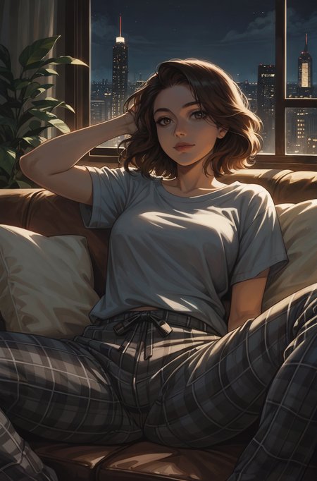 score_9_up, score_8_up, score_7_up, best quality, ultra highres, Casual, shiny skin, detailed, detailed background, 
1girl, NYC apartment environment, (dark, by night:1.5) , modern theme, dim city lights visible through large windows, lounging on a cozy couch, warm ambient lighting
BREAK
soft throw pillows and a knitted blanket on the couch, posters, brick wall, pipes, potted plants,
BREAK
1girl, medium hair, straight with a slight wave, chestnut brown hair, cozy style, loose grey t-shirt, plaid pajama pants, relaxed expression, lying on her side with one arm tucked under her head, spreading legs,
 <lora:incase---1:0.3>  <lora:DTLDR-2:1>