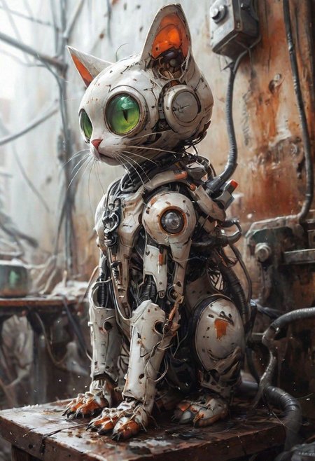 (Robot) (Utopa city)
photo-realistic,
higly-detailed,
cat wearing a futuristic space suit,
serious expresssion
a orange and white kitty sipping a mug of hot coffee holding it with it's two front paws,
lapping up the coffee as if it were drinking water,
light green eyes,