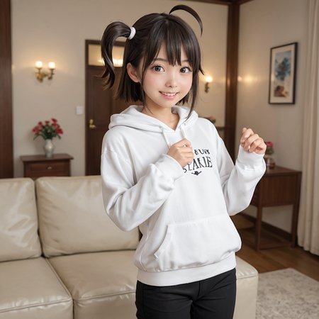 score_9, score_8_up, score_7_up, shiny oild skin, sweaty, looking at viewer, castle, night, 
femboy, double ahoge, side ponytail, black hair, solo, short, tiny, cute, sfw,
white hoodie, black stockings, long sleeves, pants,
standing, looking at viewer, smile,
indoors, living room, 
 <lora:Brother_-_Nise_manga:0.81>