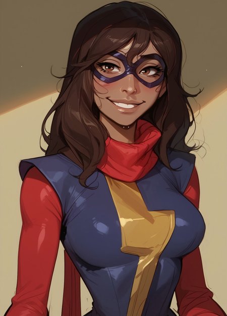 safe_pos, (score_9, score_8_up, score_7_up, score_6_up), Expressiveh, ((sketch, pastel, flat color)), masterpiece,

BREAK ((1girl, kamala khan, kamalakhan, brown hair, brown eyes, dark skin, long hair, dark-skinned female, large breasts, slender, medium waist, wide hips)), 

smile, blush, looking at viewer, (mask, domino mask, scarf, superhero, bodysuit, dress), portrait, solo, upper body
