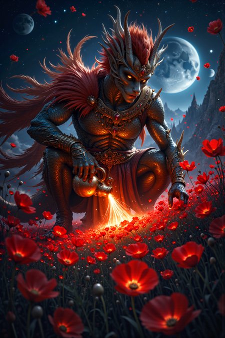 A hyper-realistic portrait, photorealistic photo close-up image of A young dragonborn man with scales of shimmering gold and piercing blue eyes is tending to a field of glowing, red poppies on the edge of a massive, floating island. He wears a long, flowing robe made from the woven feathers of phoenixes, and a golden circlet encrusted with rubies rests on his brow. The poppies, each one glowing with a soft red light, sway gently in the breeze as he carefully waters them from a jug of liquid fire. The floating island is surrounded by a vast, starry sky, with distant planets and moons visible on the horizon. As he tends to the poppies, their glow intensifies, and the air around them begins to shimmer with heat. The dragonbornâs scales catch the light, reflecting the red glow of the poppies in a dazzling display. The scene is a vivid blend of the fantastical and the serene, where the dragonbornâs strange attire and the glowing poppies create a powerful image of life flourishing in a surreal, otherworldly environment. (photography, high-resolution, dynamic, energetic,hyper-realistic, dramatic lighting, shallow depth of field.), detailmaximizer, MythP0rt<lora:midjourney_whisper_flux_lora_v01:0.55><lora:aidmaMJ6.1-FLUX-V0.1:0.4><lora:FluxMythP0rtr4itStyle:0.4><lora:detailed_flux_ntc:2.2><lora:aidmaImageUpgrader-FLUX-V0.1:0.65>