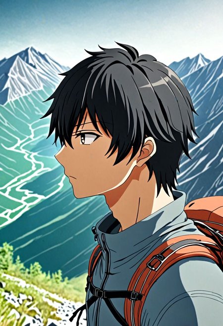 high resolution, solo, best quality, 1Boy, Seiya Kanie, black hair, short hair, thin, landscape, looking away, high mountain, hiking gear, shallow depth of field, OverallDetail