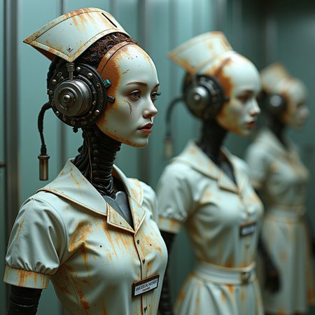 retrofuturistic androids in bizarre nurse-style outfits, their rusted heads revealing circuitry and mechanical parts spilling out, set against a sterile, cold metallic environment. The android bodies are both mechanical and decayed, with heavy rust and glitching electronics. Each android has a worn nameplate on their chest displaying: "Sanctuary of the Mentally Insane".
The aesthetic is surreal, blending cyberpunk dystopia and mechanical decay, utilizing intricate linework and metallic textures.
Style elements draw from industrial design, surreal futurism, and intricate mechanical detailing, rusted decay.
Incorporating the theme of 1970s-80s psychiatry, with elements such as outdated, cold treatment rooms, harshly lit corridors, and the despair that marked this era of mental health care. The overall image combines bleak clinical scenes with an eerily perfect, yet decayed mechanical aesthetic.