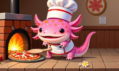 pikaole, axolotl, side view of a pink axolotl in a tiny pizza chefâs outfit, standing by a miniature brick oven with a small pizza paddle, carefully sliding a fresh pepperoni pizza into the oven; its frilly gills show concentration as cheese bubbles on the pizzaâs surface; the warm glow from the oven casts cozy light across the kitchenâs tiled floor and shelves stocked with pizza ingredients, while the tilt-shift effect softly blurs the background, creating a charming, authentic pizzeria atmosphere with a lifelike depth, happy axolotls<lora:Axomodel_Flux_V1.1.safetensors:0.85:0.85> <lora:Pikaole v2 (FLUX)_v2_E6.safetensors:0.75:0.75>