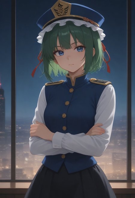 1girl, solo, solo focus, highres, absurdres, shikieiki, green hair, frilled hat, blue eyes, blue headwear, short hair,
long sleeves, black skirt, white shirt, blue vest, red ribbon, epaulettes, small breasts, 
looking at viewer, crossed arms,
window, cityscape, neon lights, night, night sky, backlighting,