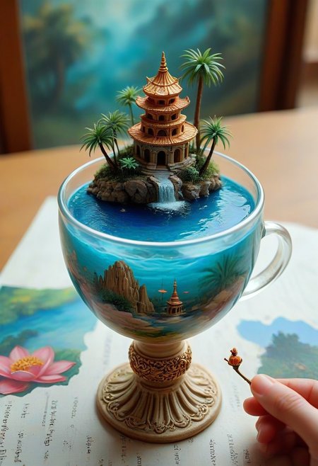 tilt-shift photo of best quality double exposure complex surreal painting on cracked paper, macro, microworld,  hyperdetailed,   insanely detailed, surreal, tiny genie spirit creature, flying oasis landscape placed inside a cup on the table in room. waterfall, lotus flowers,temple palms desert filigree, table cinematic, big eyes 32k, by Rockwell, WLOP Ryniac, Craola, Disney, van Gogh, highly detailed, intricated, intricated pose, high quality, centered, perfect composition.,
<lora:Midjourney_-_SemiReal_Dreams_FLUX_LoRA:1>,<lora:hyper-detail-illustration:1>, Selective focus, miniature effect, blurred background, highly detailed, vibrant, perspective control