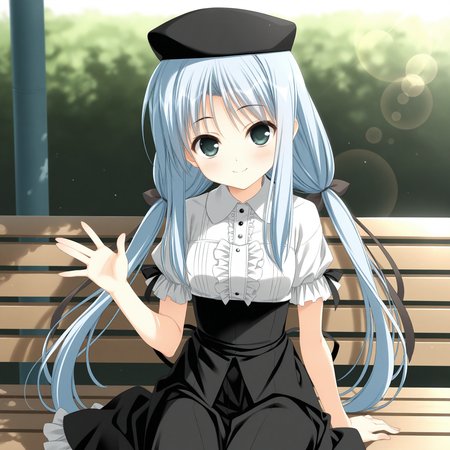 <lora:Nonohara_Hinazakura_1_nai-000038:1>,Nonohara Hinazakura,twintails,hair ribbon,black ribbon,
short sleeves,frilled sleeves,center frills,black beret,black dress,frilled dress,white sleeves,white frills,collared dress,waist ribbon,white shirt,
1girl,solo,smile,sitting,on bench,waving,front view,looking at viewer,depth of field,lens_flare,