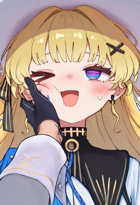 solo, 1girl, phoebe, 1girl, long hair, blonde hair, hat, white headwear, ribbon, hair ornament, dress, white dress, blue eyes, very long hair, gloves, black gloves, white pantyhose, pantyhose, hair ribbon, x hair ornament, white long sleeves, gradient eyes, multicolored eyes, purple eyes, leg tattoo, tacet mark \(wuthering waves\), face_grab, xd, portrait,close up, explicit, morino hon,nuu \(nu-nyu\),{harada takehito},masterpiece,best quality,newest,absurdres,highres,very awa,