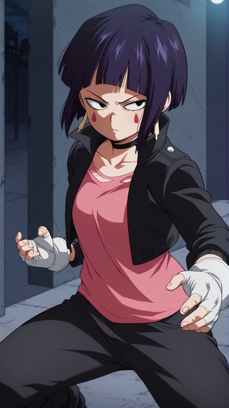 masterpiece, best quality, absurdres, amazing quality,  1girl, solo, <lora:IlluJirou:1> illujiro, short hair, bangs, long earlobes, purple hair, black hair, black eyes,  <lora:IlluRom:0.9> romstyle,  facial mark, black jacket, collarbone, choker, white gloves, fingerless gloves, pants, pink shirt, serious, fighting stance, street, night,