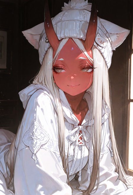 masterpiece, best quality, good quality, newest, highres, absurdres, volumetric lighting,gradient color,
BREAK 
raytracing, volumetric lighting, ambient occlusion, girl, background, masterpiece, best quality, very awa, absurdres, 
BREAK
Aka-Oni, oni, colored skin, (red skin:1.3), straight horns, solo, long hair, model style, 
BREAK
masterpiece,amazing quality,best quality,ultra-detailed,8K,illustration,CG,shiny hair,clear skin,ultra-detailed-eyes, background,cute girl, eyelashes
BREAK,
neck-length messy colored white hair, use a white gothic cat-ears beanie to covers the top of her head and make her haircut better. doll eyes, burgundry little lips, small nose, large forehead, ears with piercing. grey-brown pupils, dark irises.Plump skin, silk-like skin, faintly smile,