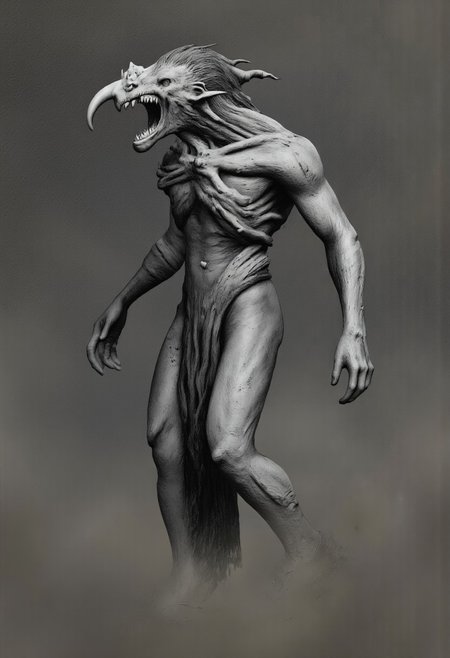 aidmaMJ6.1, Made out of paper, a PaperStyle , d4artstyle, d4concept, , d00mstyle, made of clay, ZBClay model of a gray sculpture
A grotesque and nightmarish creature with a distorted, elongated body. Its form is gaunt, with sinewy muscles and patches of ragged fur hanging from its emaciated frame. The creature's head is a disturbing mix of beast and primate, featuring a gaping maw filled with sharp, jagged teeth and a pair of large, curved tusks protruding from its lower jaw. Its hollow, piercing eyes emit a sense of malevolence, while matted, black fur drapes from its neck like a twisted mane. The creature's elongated neck curves unnaturally, giving it a serpentine appearance, and the back is hunched with prominent ridges along the spine. The legs are spindly and appear unstable, adding to its unsettling appearance. Its design evokes a blend of demonic horror and predatory menace, with an emphasis on grotesque and eerie details.
Background solid color with a faded dimly lit, fog-covered darkness tone that emphasizes its silhouette. 
 The medium is not a traditional painting or illustrative medium like watercolor or ink but rather a digital rendering, eerie and unsettling.