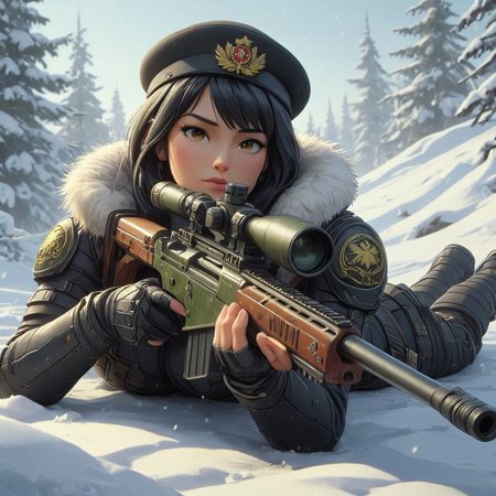 cartoon illustration of Tifa Lockhart laying down in snow holding Sniper Rifle, Soviet Army uniform,curvy,fur Soviet hat, <lora:XL_Weapon_Sniper_Rifle_-_By_HailoKnight:0.7>,