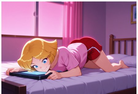 Score 9, Score 8, Score 7, Masterpiece, High Quality, Good Quality, Latest Model, High Resolution, Absurd, ((White Border)), Cinematic Lighting, High Contrast (Rim Light: 0.6), Dynamic Vision, <lora:illustriousXL_stabilizer_v1.23:0.3> <lora:NOOB_vp1_detailer_by_volnovik_v1:0.3> <lora:ponyv6_noobE11_2_adamW-000017:0.45> <lora:checkpoint-e18_s306:1.5> <lora:haiz_ai_illu:0.7>, Vibrant Colors, Bright Color, Dynamic Pose, Dynamic Angle, Dynamic Composition, Dynamic Colors, Colorful Image, High Contrast, Saturated Colors, Thick Line, Bright Colors, Good Lighting, Color Saturation, masterpiece, best quality, source_hentai, medium shot, 
 1girl, solo,cl0ver_totally_spies, short hair, blonde hair, blue eyes,
texting, lying in bed, girl's room, pink lighting, red shorts, pink baggy shirt, barefoot, happy,