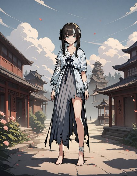 (masterpiece, best quality, ultra detailed),(Man_Sui,tattered white clothes,tattered grey skirt,bandage around her head and her wrist and her arm),she is standing, full body, bare feet, poster art,silhouette art,vector art,surreal,flower,tree,petals,wooden,chinese style buildings,chinese yard,blue sky,clouds,gradient,very aesthetic,ultra high res,absurdres,<lora:Man_Sui_SDXL:0.9>,<lora:add-detail-xl:2>,