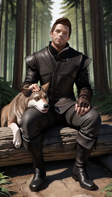 masterpiece, best quality, newest, perfect quality, best quality, detailed background, intricate details, male focus, solo, photorealistic, <lora:Skyrim Romance Mod - Bishop - Illustrious 2-000007:0.7>, srm_bishop, 1boy, mature male, brown hair, very short hair, yellow eyes, stubble, leather armor, fingerless gloves, pants, boots, forest, looking at viewer, head tilt, sitting
BREAK petting wolf