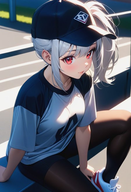 1girl,solo,baseball_cap,hat,on_railing,pantyhose,ponytail,railing,red_eyes,shoes,sitting,sneakers,sportswear,white_hair,<lora:anime enhancer V3 xl:1>,detailed,skin,texture,detailed skin texture,volumetric,shadow,