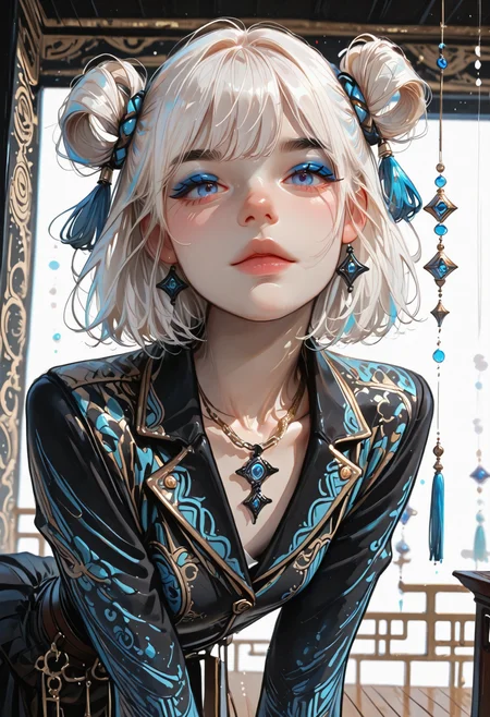 8K, depth of field, dynamic angle, sexy pose, best quality, detailed eyes, perfect eyes, realistic eyes, short hair, white hair, hair bangs, blue highlights, blue eyes, thick eyebrows, black eyebrows, blue eyeshadow, pink lips, full lips, fit body, The woman is attired in an outfit that blends traditional Asian design elements with modern sensibilities. She wears a white, high-collared blouse, the texture of which appears to be fine, and a skirt of a similar shade. A black, wide belt cinches her waist, embellished with a decorative chain that dangles to her lower torso, culminating in a pendant. Over her shoulders, she drapes a dark, ornate jacket with intricate golden patterns along the lapels and cuffs, accentuating the figure's poise. The overall effect is one of opulence and cultural richness.Her dark hair is styled in a manner that incorporates traditional elements, with two buns placed high atop her head and a cascade of long, loose strands that fall around her shoulders. hair is adorned with intricate hair accessories. The earrings she wears are similarly ornate. nails are painted a dark color.Hanging in the air are multiple strings, perhaps representing a symbolic connection with the dragon or serving as a decorative element. adorned with intricate hanging ornaments, further enhancing the opulence of the composition.The figure is predominantly rendered in shades of black, evoking a sense of mystery and otherworldliness, set against a pale, almost featureless background that accentuates its form, small ass, small breast, realistic breast, , , BREAK, bent_over, front view, looking at viewer, movie perspective, white background, abstract background, 
<lora:DetailedEyes_V3:1> <lora:USNR_STYLE_ILL_V1_lokr3:0.45> usnr <lora:ponyv6_noobV1_2_adamW:0.9> <lora:GENESIS_MK0.2:0.5>  <lora:KoreanStyleSDXLvpred10:1> AiKoreanStyle, lips, korean, asian <lora:KRGRL-IL:1>