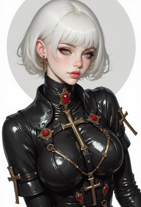This is a highly detailed, digital illustration of a young woman with a striking, yorha 2b, ethereal appearance. She has porcelain skin with a subtle, natural glow, and her short, silky white hair. Her facial features are delicate with high cheekbones, full lips, and large, expressive blue eyes accentuated by meticulously drawn eyeliner and mascara. She has a serene, almost otherworldly expression with a slight, enigmatic smile.
She is dressed in a form-fitting, high-gloss black leather outfit adorned with intricate, gold accents and red gemstones. The outfit features a high collar and intricate, cross-shaped designs, giving it a gothic or medieval aesthetic. The leather has a wet, shiny texture, suggesting a high-quality, possibly latex or vinyl material. The cross motifs are prominent, with red stones set into the gold, adding a touch of luxury and symbolism.